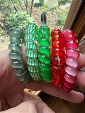 Large Teleties Set of Women’s Stretch Bead Bracelets in Green, Red, and Pink